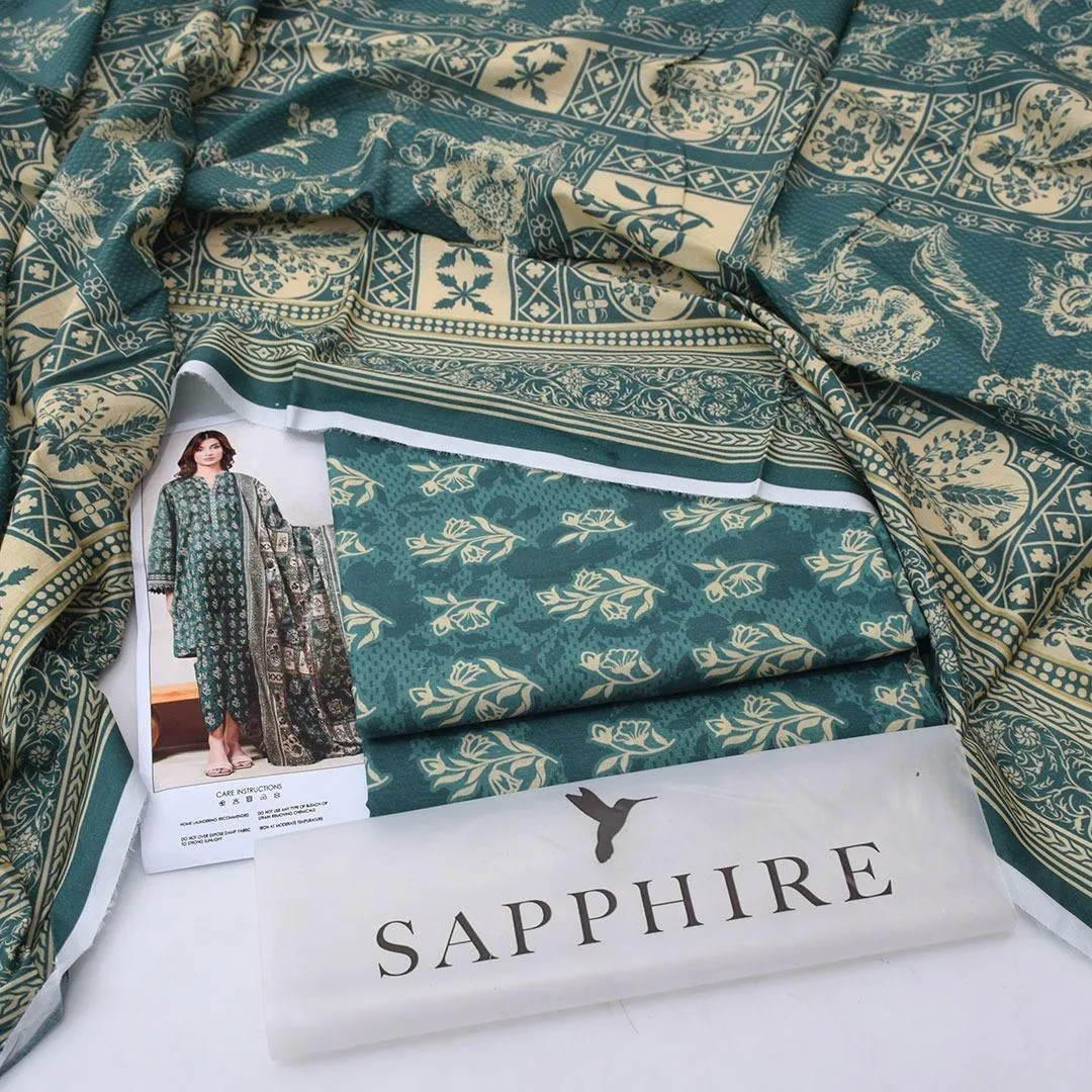 Unstitched Printed Lawn Suit Green Beige Floral Geometric — Buy Online in Pakistan | Cash on Delivery