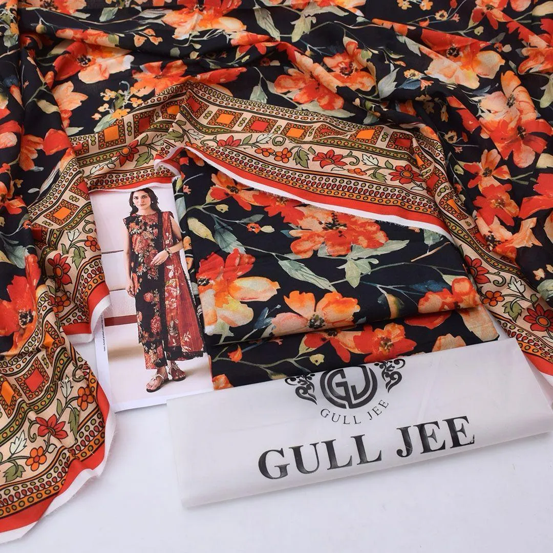3-Piece Digital Printed Lawn Suit Black Orange Floral