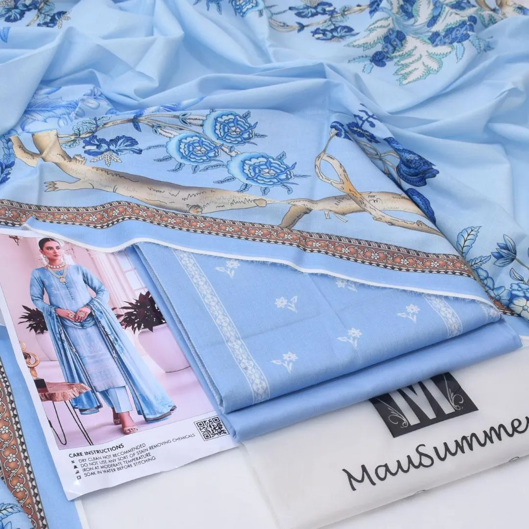 Unstitched Lawn Suit Blue Eid Festive 3Pc Set