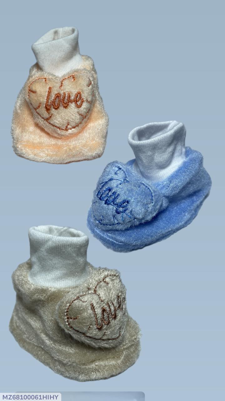 Baby Fleece Booties with Love Embroidery Blue Ivory Beige