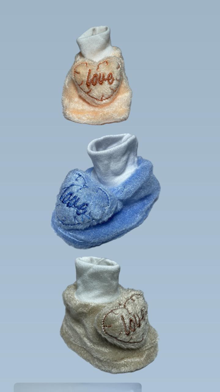 Baby Fleece Booties with Love Embroidery Blue Ivory Beige