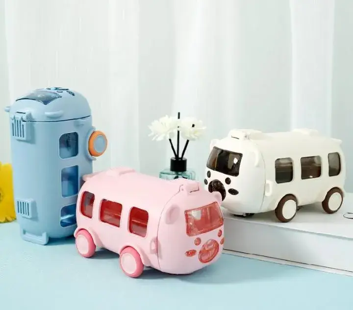 Cute Bus Shape Water Bottle with Straw & Carry Strap