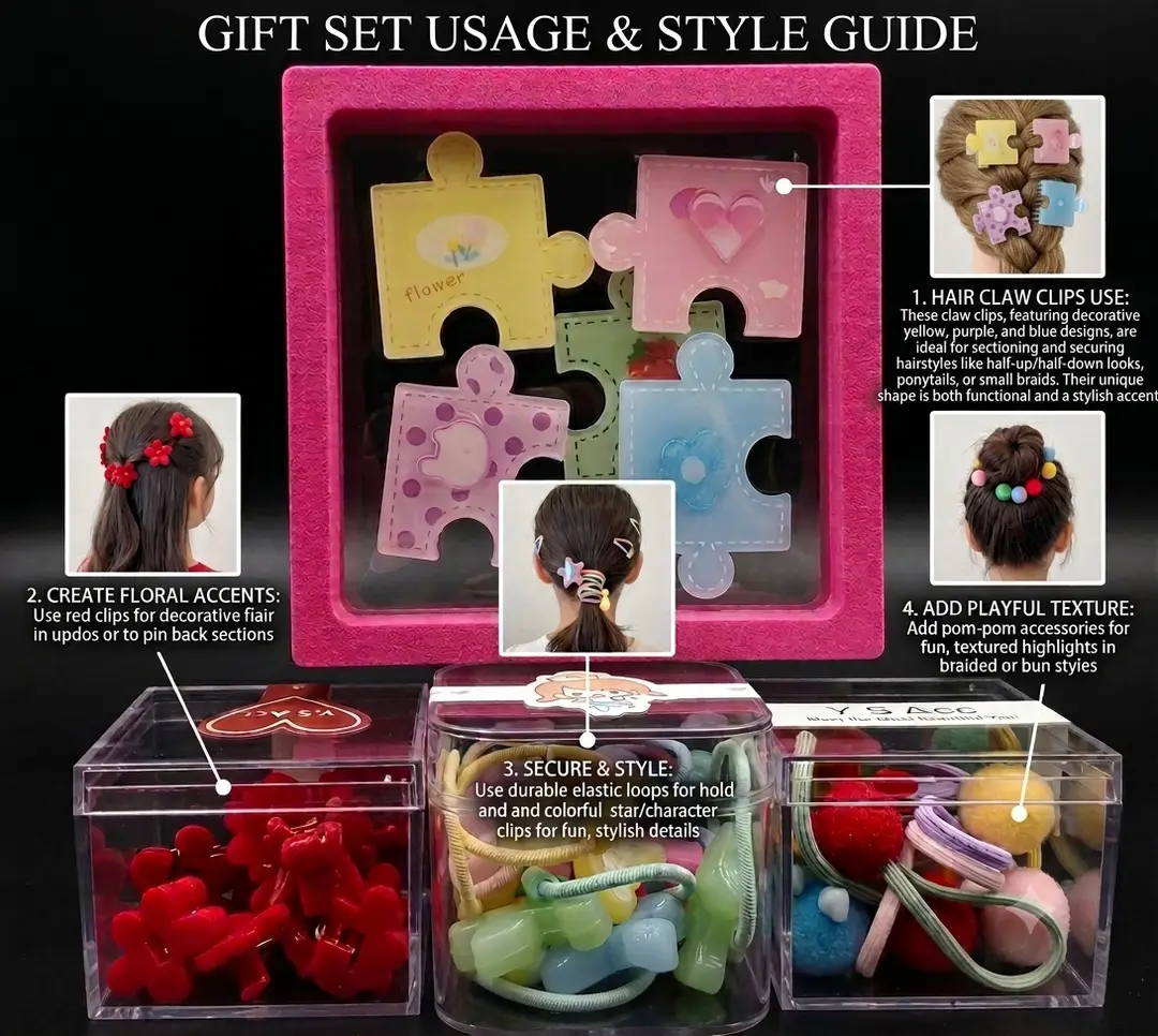 Girls Hair Acessories 4 Pcs Set   Puzzle Clip,Heart Clip,Pony With Ball Design,Pony With Bear Design