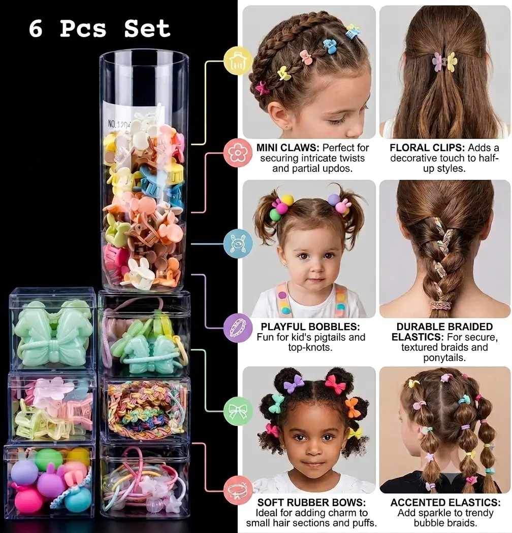 Girls Hair Accessories | Mini Claws | Floral Clips | Playful Bobbles | Durable Braided Elastics | Soft Rubber Bows | Accented Elastics: Pack Of 6 Boxes