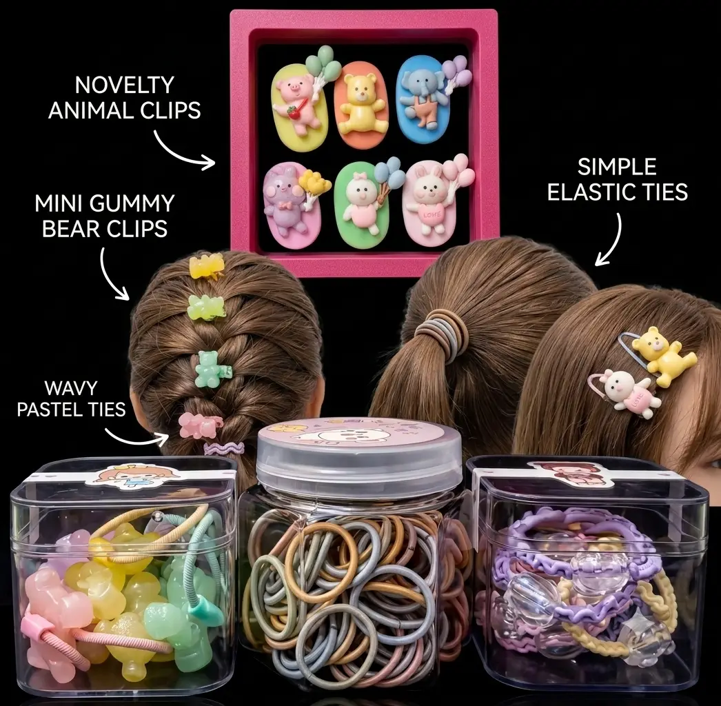 Mixed Hair Accessory Bundle: Mini Gummy Bear Clips, Animal Clips, and Wavy Ties | 4 Pcs Set