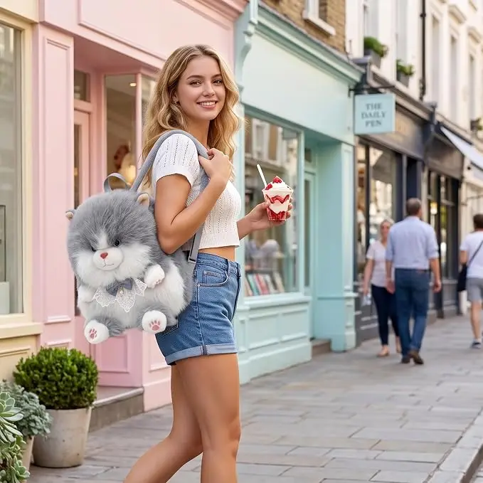 Cute Cat Ragdoll Plush Handbag with Lace Bow