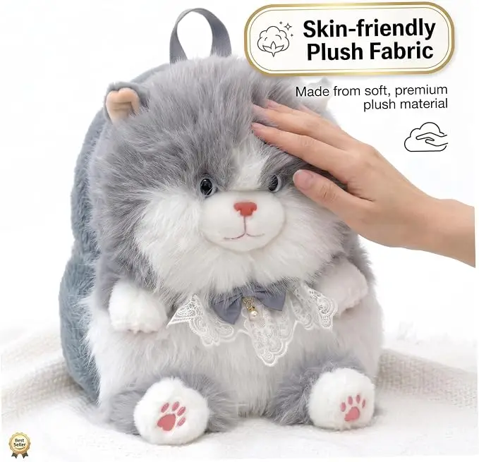 Cute Cat Ragdoll Plush Handbag with Lace Bow