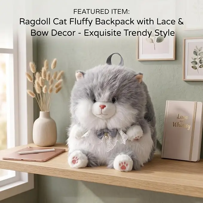 Cute Cat Ragdoll Plush Handbag with Lace Bow
