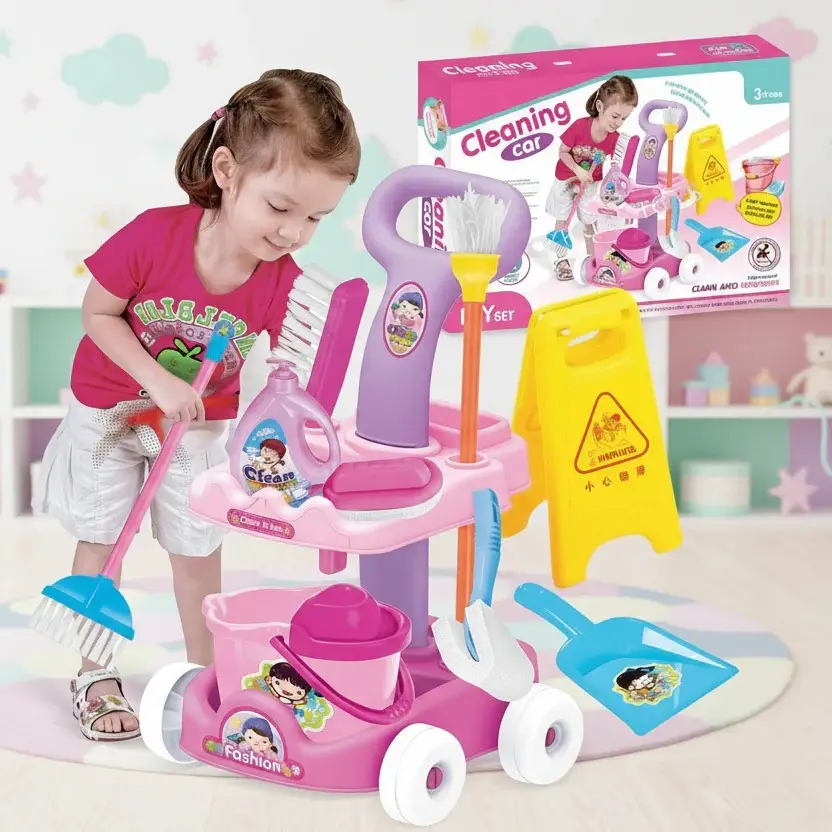 Mini Pretend Play Housekeeping Cleaning Trolley Set for Girls