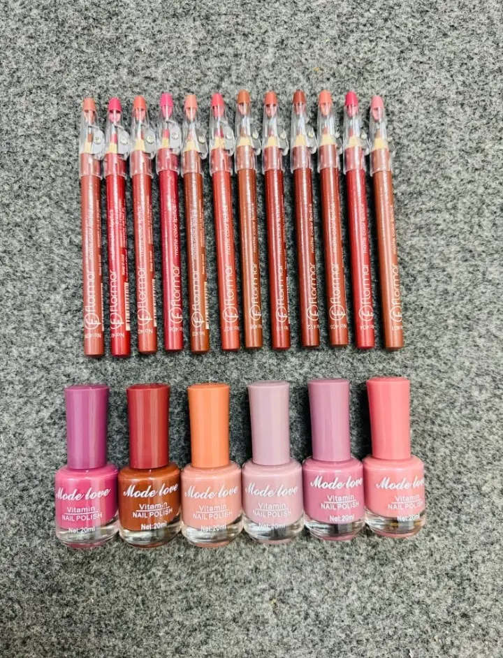 2 in 1 Makeup Deal, 12 Pcs Flormar Sharpner Jumbo Pencils + 6 Pcs Mode Love Permanent Nail Polish