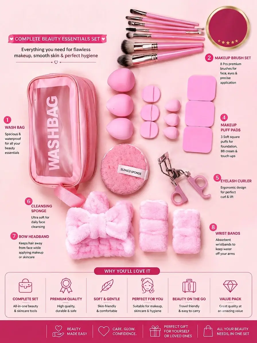 Washbag With Blenders & Makeup Accessories, Easy To Use & Travel, 1 Pouch