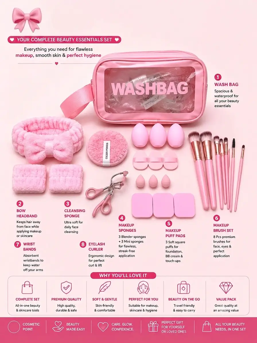 Washbag With Blenders & Makeup Accessories, Easy To Use & Travel, 1 Pouch