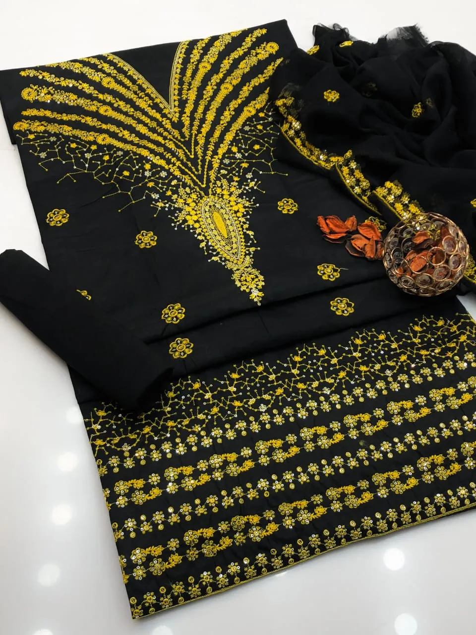 Black Embroidered 3-Piece Women's Suit for Eid Party Wear