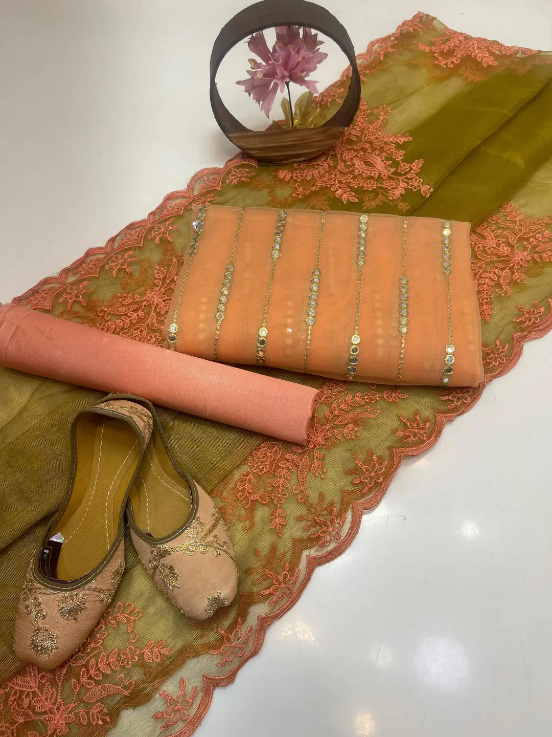 3 Pcs Women's Unstitched Mirror Work Suit