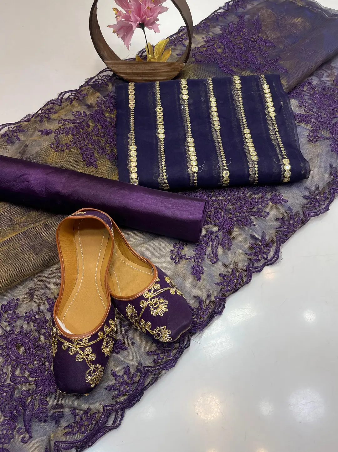 3 Pcs Women's Unstitched Mirror Work Suit