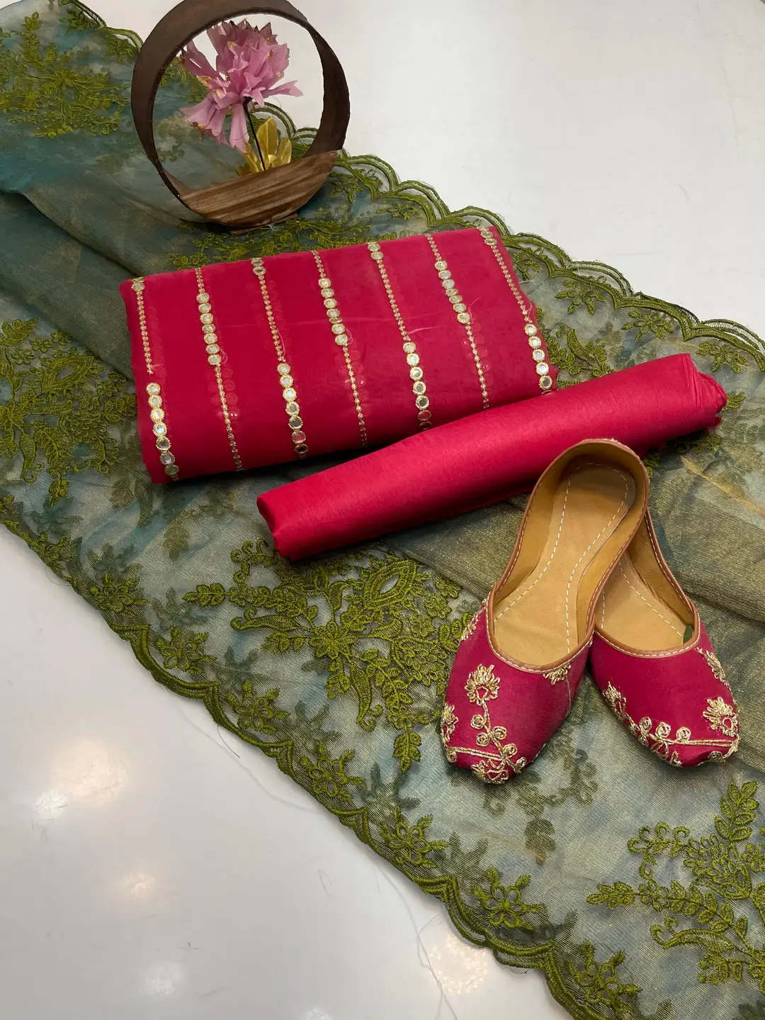 3 Pcs Women's Unstitched Mirror Work Suit