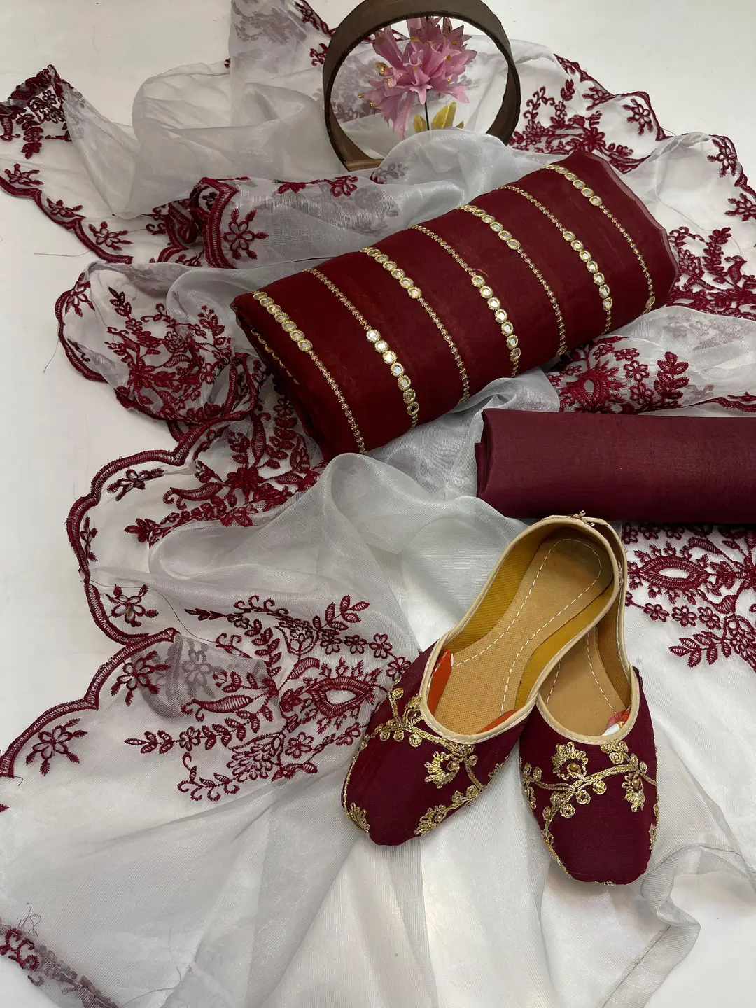 3 Pcs Women's Unstitched Mirror Work Suit