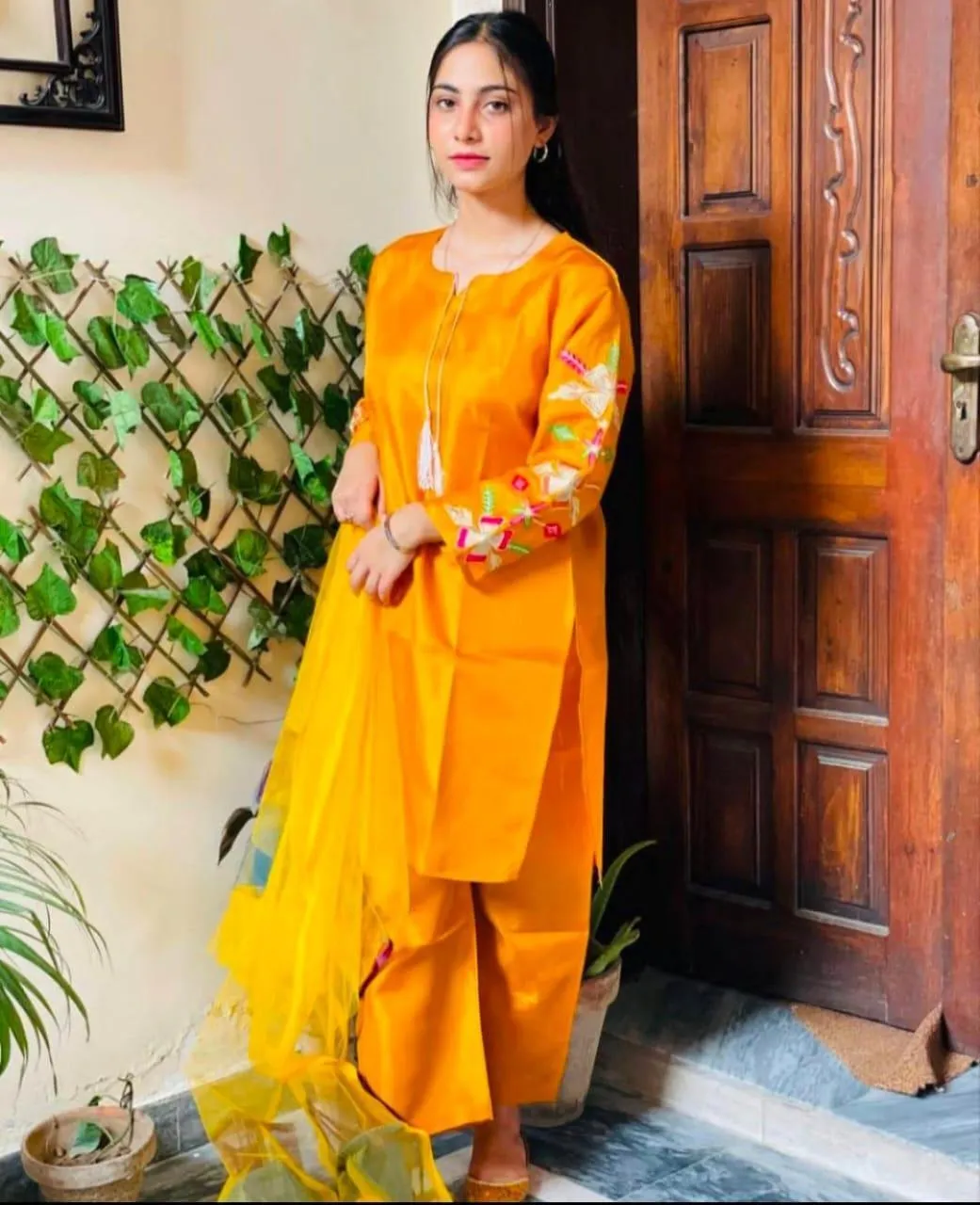 Mustard Silk Embroidered Women Suit 3 Pcs Round Neck