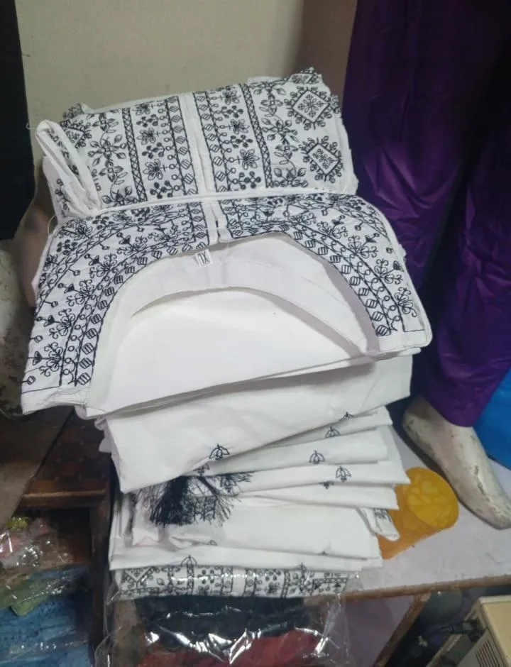 Women Cotton Embroidered 3 Pcs Suit White Black Organza Dupatta