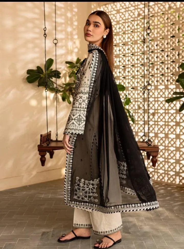 Women Cotton Embroidered 3 Pcs Suit White Black Organza Dupatta