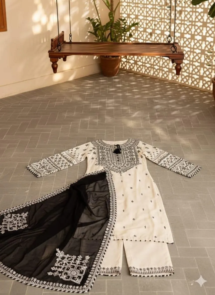 Women Cotton Embroidered 3 Pcs Suit White Black Organza Dupatta