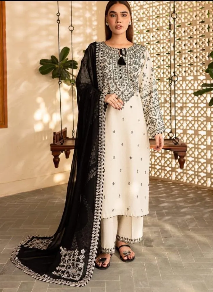 Women Cotton Embroidered 3 Pcs Suit White Black Organza Dupatta