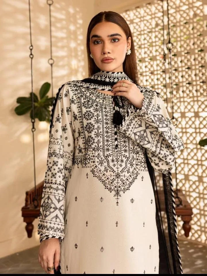 Women Cotton Embroidered 3 Pcs Suit White Black Organza Dupatta
