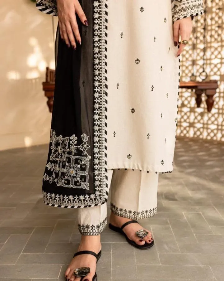 Women Cotton Embroidered 3 Pcs Suit White Black Organza Dupatta