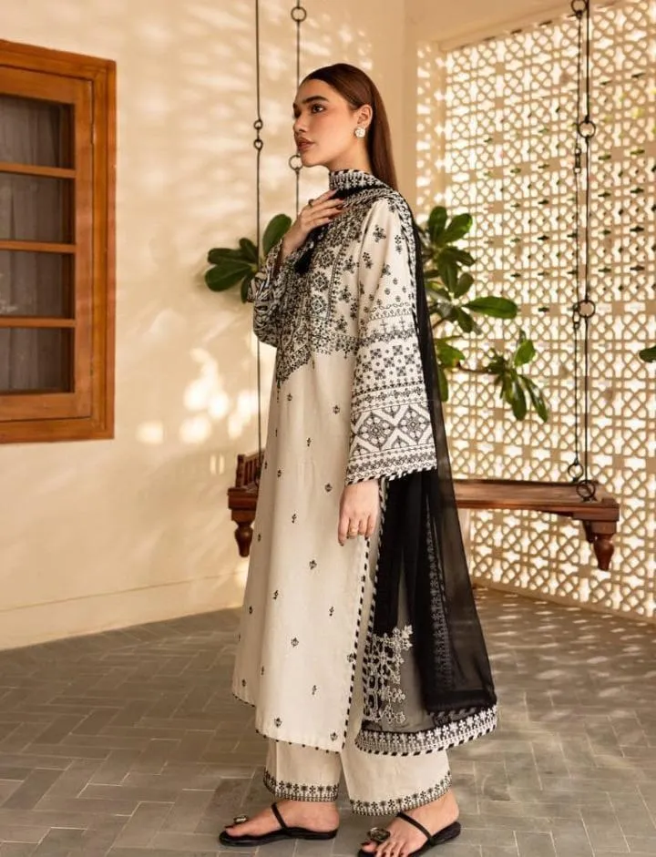 Women Cotton Embroidered 3 Pcs Suit White Black Organza Dupatta