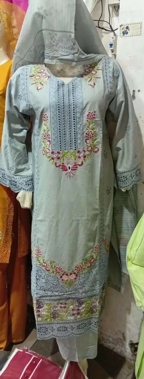 3 Pcs Women's Stitched Cotton Embroidered Suit