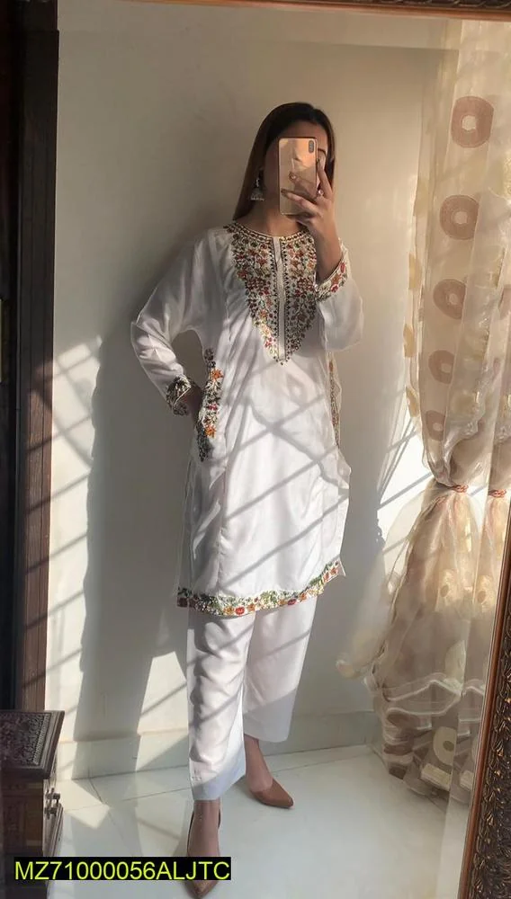 Women Linen 2-Piece Suit White Floral Embroidery Medium