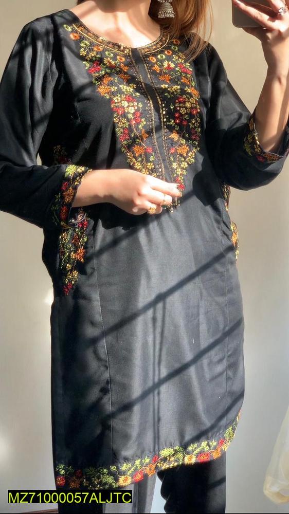 Men Linen Embroidered Suit Medium Black Floral