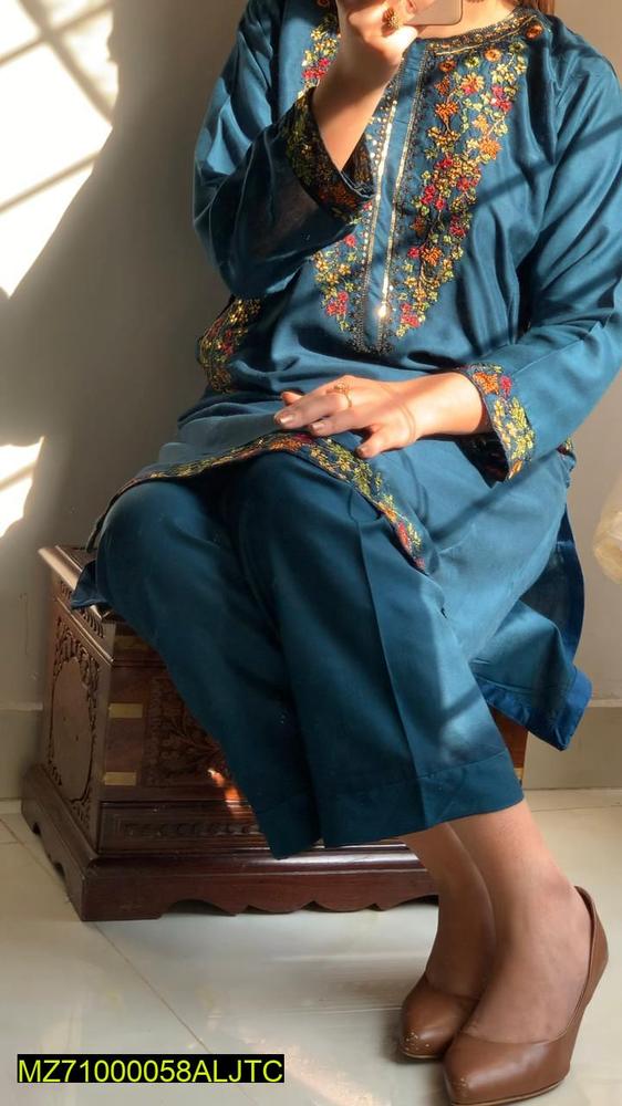 Women Linen Embroidered Suit Blue Medium