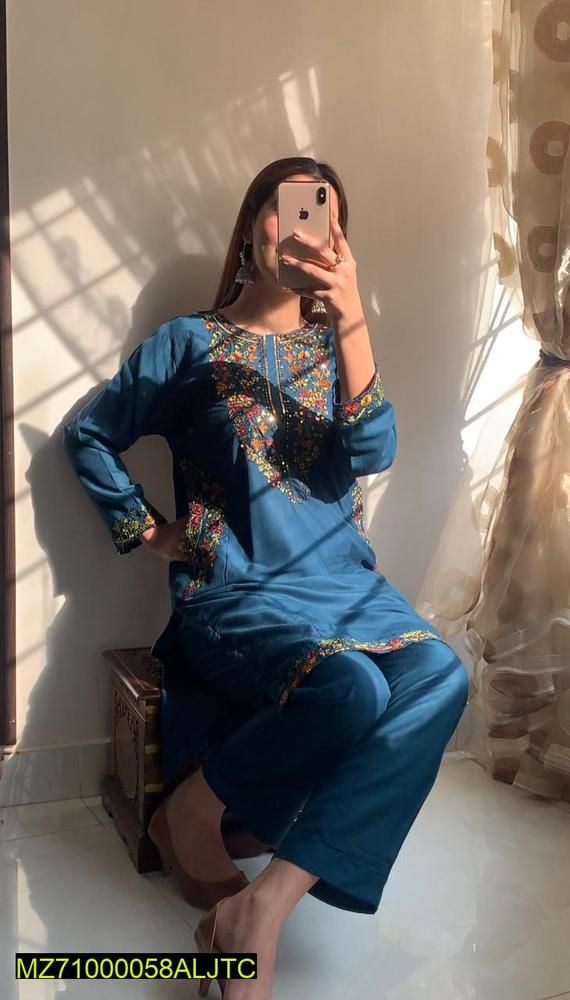 Women Linen Embroidered Suit Blue Medium