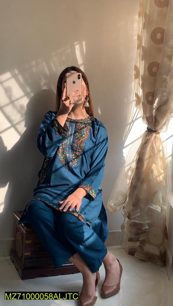 Women Linen Embroidered Suit Blue Medium