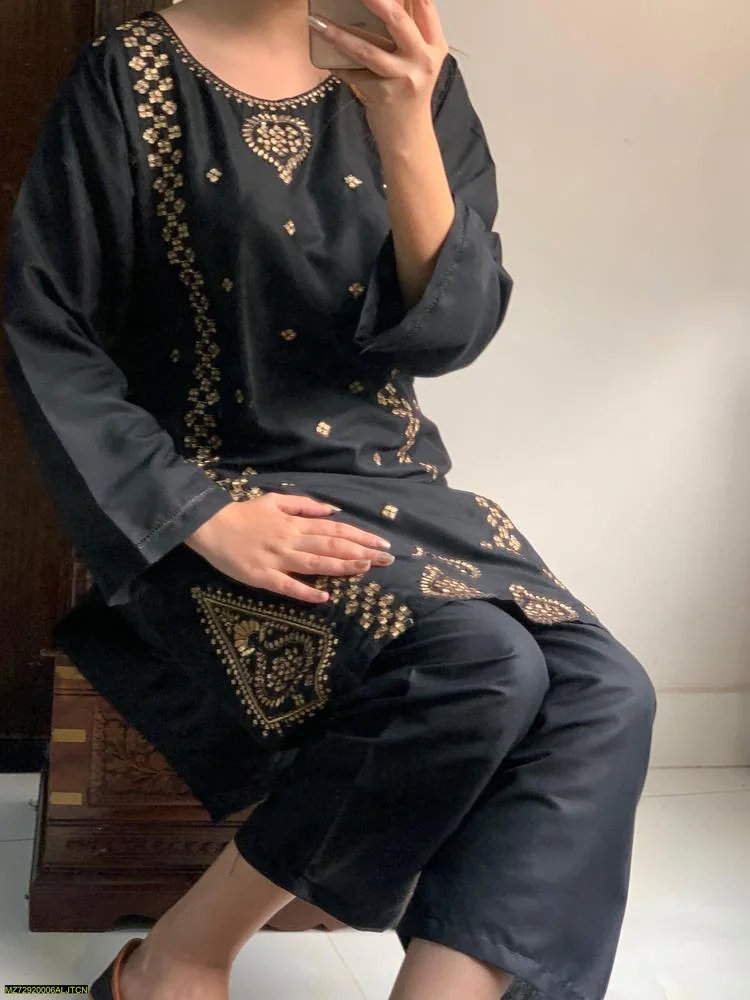 2 Pcs Women's Stitched Linen Embroidered Shirt And Trouser