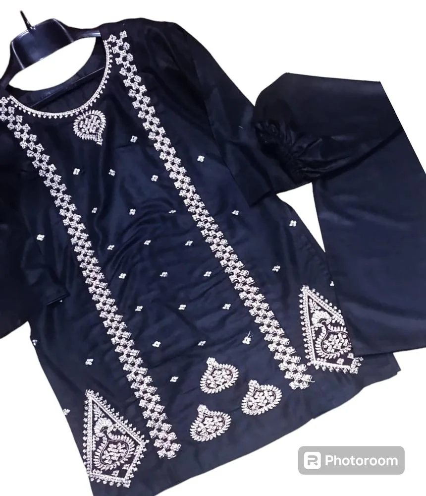 2 Pcs Women's Stitched Linen Embroidered Shirt And Trouser