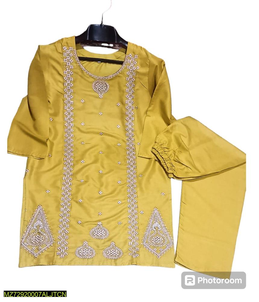 2 Pcs Women's Stitched Linen Embroidered Shirt And Trouser