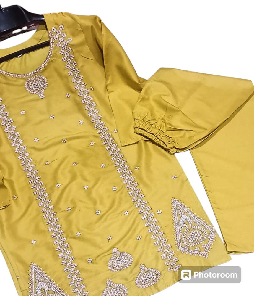 2 Pcs Women's Stitched Linen Embroidered Shirt And Trouser