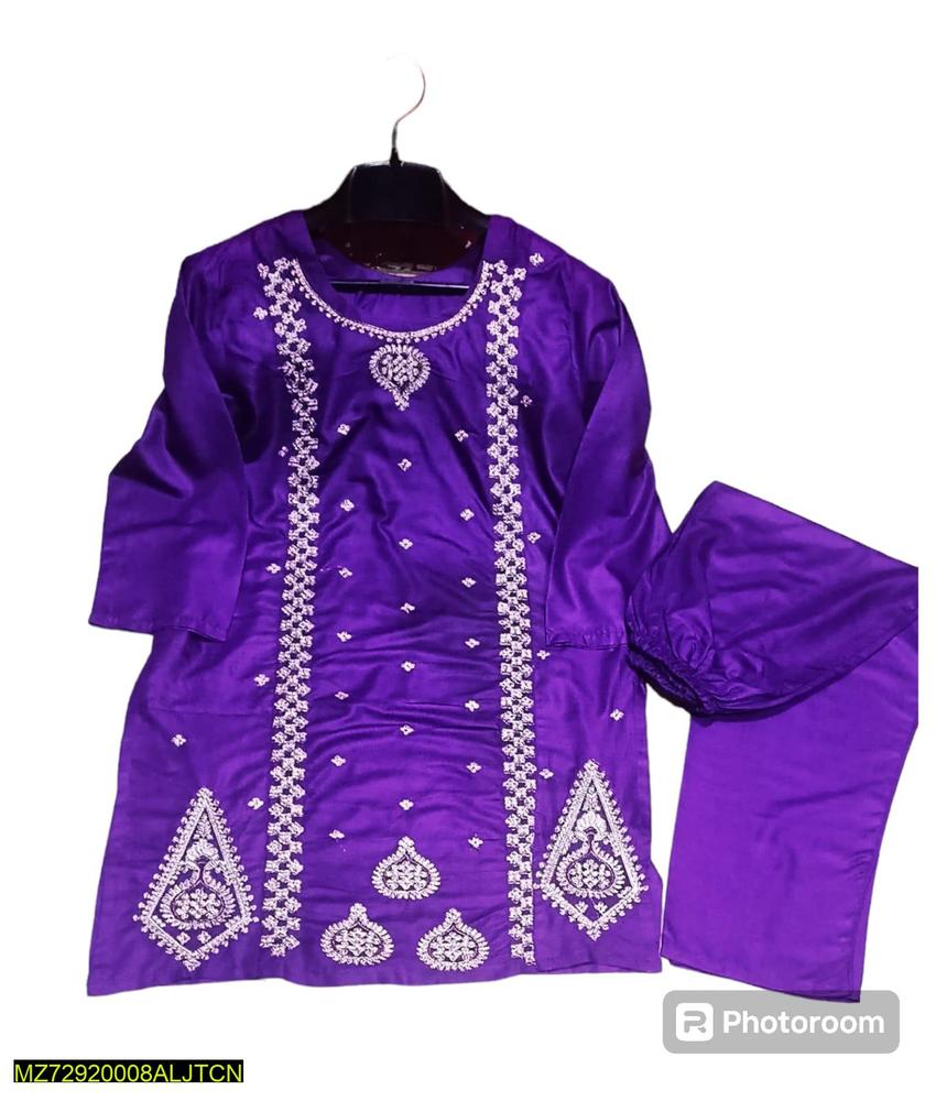 2 Pcs Women's Stitched Linen Embroidered Shirt And Trouser