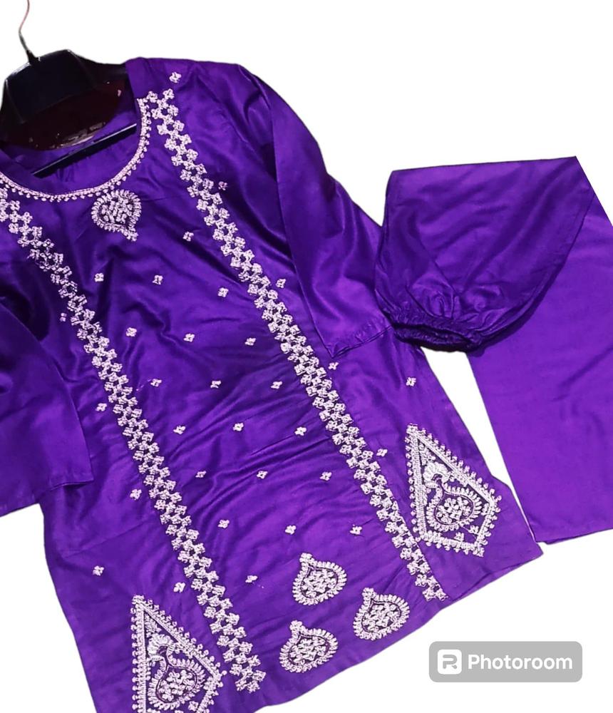 2 Pcs Women's Stitched Linen Embroidered Shirt And Trouser