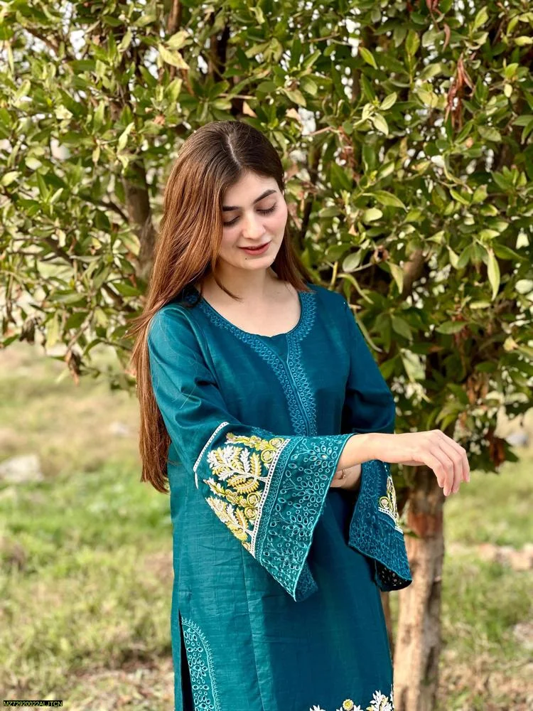 2 Pcs Women's Stitched Lawn Embroidered Shirt And Trouser