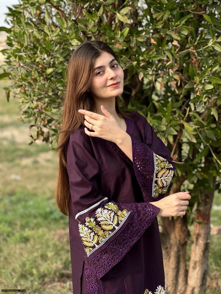 2 Pcs Women's Stitched Lawn Embroidered Shirt And Trouser