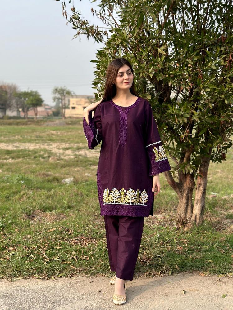 2 Pcs Women's Stitched Lawn Embroidered Shirt And Trouser