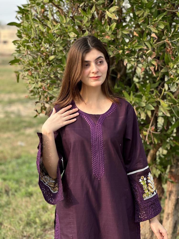 2 Pcs Women's Stitched Lawn Embroidered Shirt And Trouser