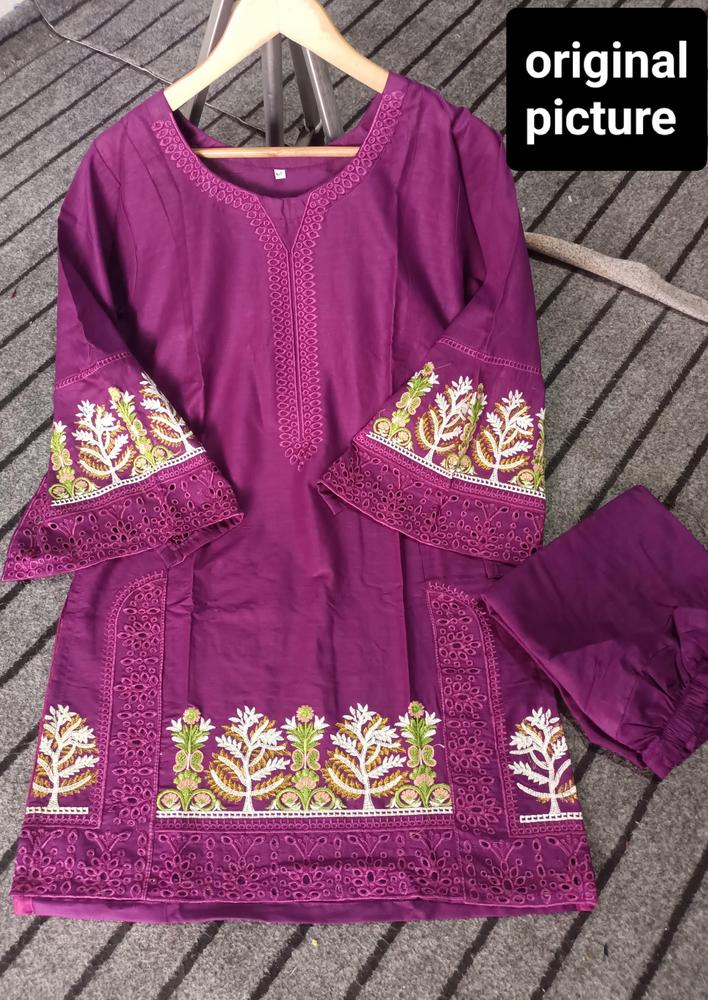 2 Pcs Women's Stitched Lawn Embroidered Shirt And Trouser
