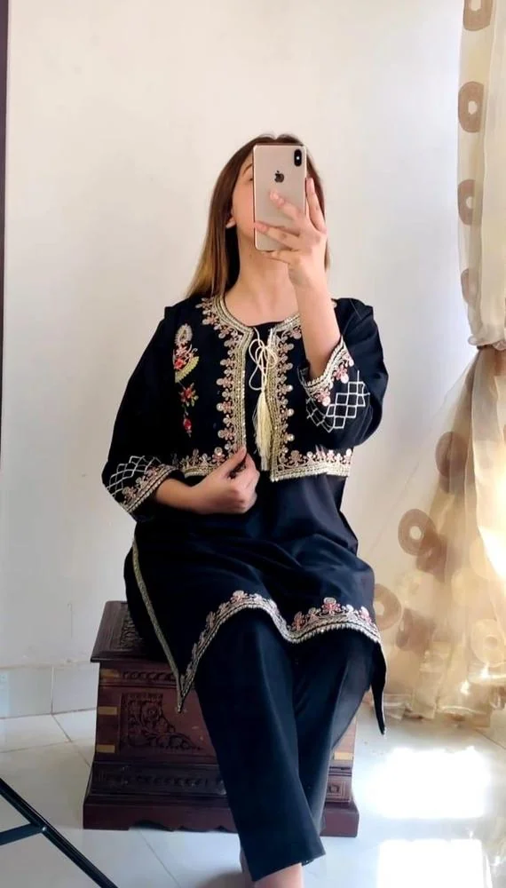 2 Pcs Women's Stitched Cotton Sequins Embroidered Shirt And Trouser