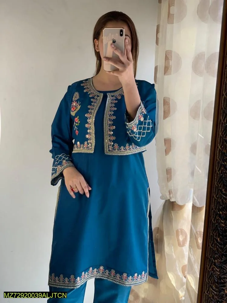 2 Pcs Women's Stitched Cotton Sequins Embroidered Shirt And Trouser