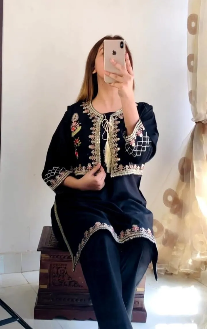 2 Pcs Women's Stitched Linen Embroidered Shirt And Trouser