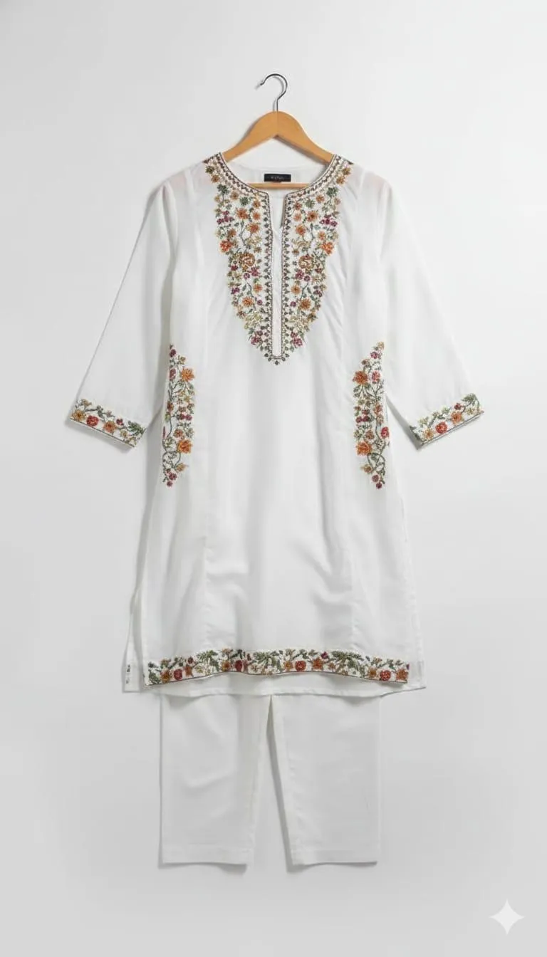 Women White Embroidered Kurta Trousers Set